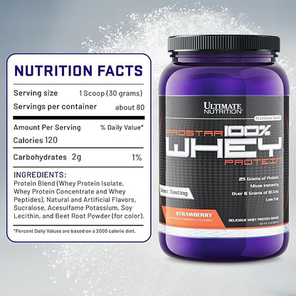 Ultimate Nutrition Prostar Whey Protein Powder Isolate, Strawberry - Low Carb, High Protein Powder Shake for Muscle Gain & Recovery - Low Sodium, Low-Fat & Keto Friendly - 2 lbs Tub