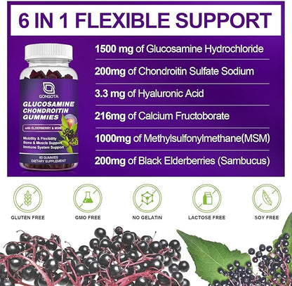 Glucosamine Chondroitin Gummies - 3- Pack, Extra Strength 1500mg Glucosamine with MSM & Elderberry, Flexibility Support, Best Cartilage & Immune Support Supplement for Men and Wome - 180 Gummies