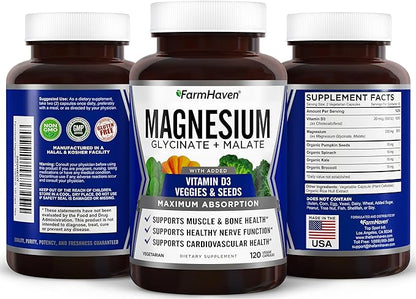 FarmHaven Magnesium Complex –Magnesium Glycinate & Malate w/Vitamin D3, 100% Chelated for Max Absorption, Vegetarian – Bone Health, Nerves, Muscles, 120 Capsules, 60 Days