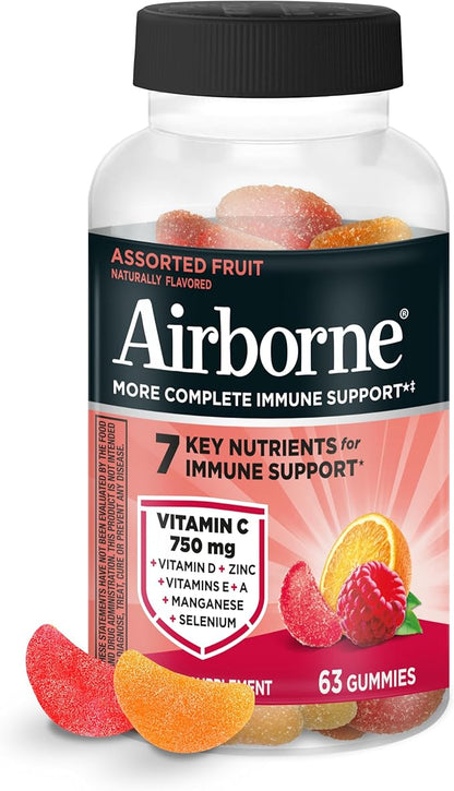 Vitamin C 750mg (per Serving) - Airborne Assorted Fruit Flavored Gummies (63 Count in a Bottle), Gluten-Free Immune Support Supplement with Vitamins A C E, Selenium, Echinacea & Ginger
