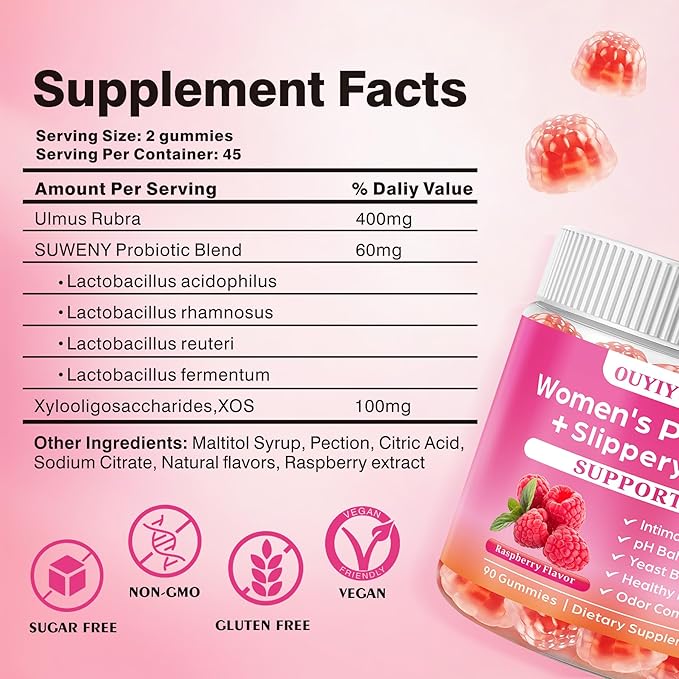 Women's Probiotic Gummies pH Balance & Gut Flora, Natural Raspberry Flavor, Vegan & Non-GMO, 90 Gummies