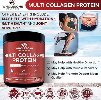 Wholesome Wellness Premium Multi Collagen Peptides Protein Powder for Women and Men, 5 Types of Hydrolyzed Collagen, Grass-Fed, Non-GMO & Unflavored, Pure Protein for Youthful Skin & Joint Recovery