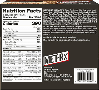 MET-Rx Big 100 Granola Protein Bar, Meal Replacement Bar, 32G Protein,Peanut Butter Chocolate Chip, Pack of 9