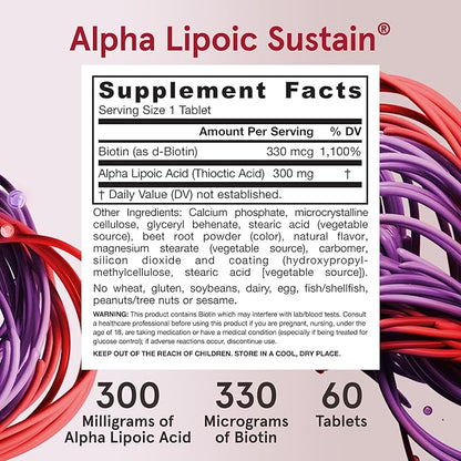 Jarrow Formulas Alpha Lipoic Sustain with Biotin, 300 mg Alpha Lipoic Acid, Universal Antioxidant, Dietary Supplement, 60 Vegan Tablets, Up to a 60 Day Supply
