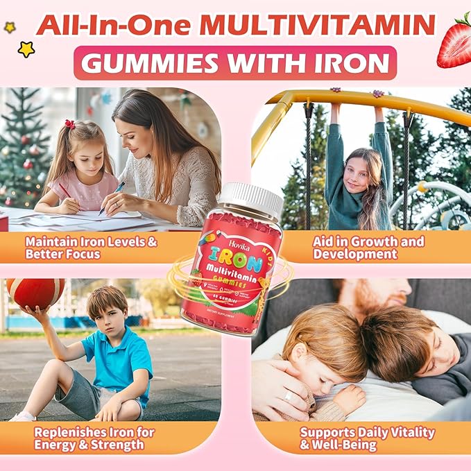 Iron Supplement Gummies for Kids with Multivitamin, Calcium, Zinc, Folate - Kids Iron Gummies Support Immune, Blood Builder, Iron Deficiency, Anemia & Energy - Vegan, Strawberry 60 Count