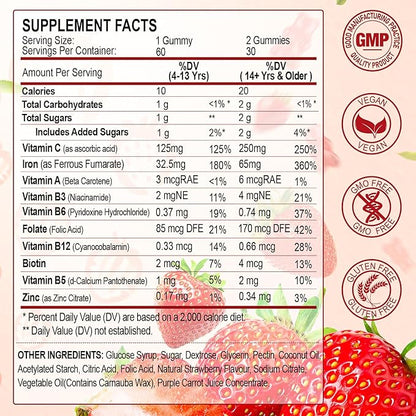 ZHPHK Iron Supplement Gummies for Women, Men & Kids, 65mg Iron & 250mg Vitamin C per Serving - Healthy Blood, Energy & Immune Support Iron Vitamin Gummy with Folate, 2 Pack