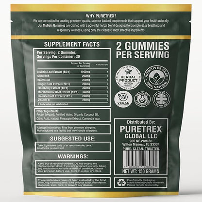 Mullein Gummies, 8-in-1 Natural Herbal Blend, Pineapple Flavor, 60 Count, Respiratory Support Supplement with Elderberry, Vitamin C, Ginger Root