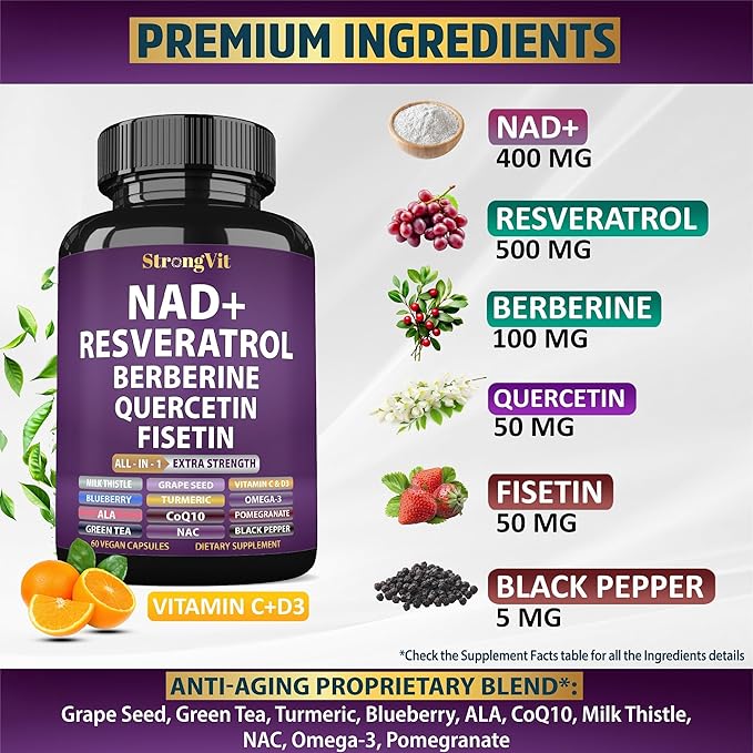 NAD Resveratrol Supplement for Women & Men. Support Cellular Health, Energy + Healthy Aging. Advanced Formula, Plus Third-Party Lab Tested in USA (60 Capsules)