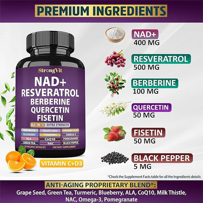 NAD Resveratrol Supplement for Women & Men. Support Cellular Health, Energy + Healthy Aging. Advanced Formula, Plus Third-Party Lab Tested in USA (60 Capsules)