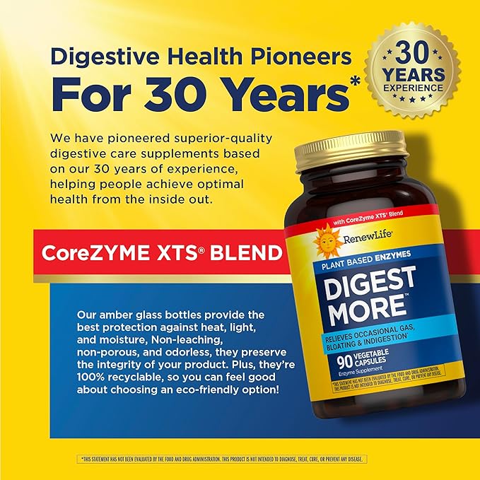Renew Life DigestMore Digestive Enzymes | 90 Vegetable Capsules | Plant Based Enzymes | Relieves Occasional Gas, Bloating & Indigestion | Dairy, Soy, and Gluten-Free Supplement