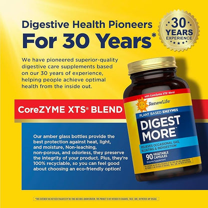 Renew Life DigestMore Digestive Enzymes | 90 Vegetable Capsules | Plant Based Enzymes | Relieves Occasional Gas, Bloating & Indigestion | Dairy, Soy, and Gluten-Free Supplement