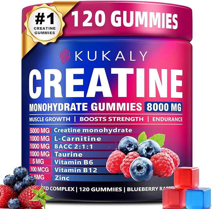 KUKALY Creatine Monohydrate Gummies for Men & Women, 8500MG Creatine Gummies Sugar Free Mixed Flavored with L-Taurine, BCAA 2:1, B12 B6 for Boost Strength, Focus & Endurance, Vegan, Non-GMO, 120pcs