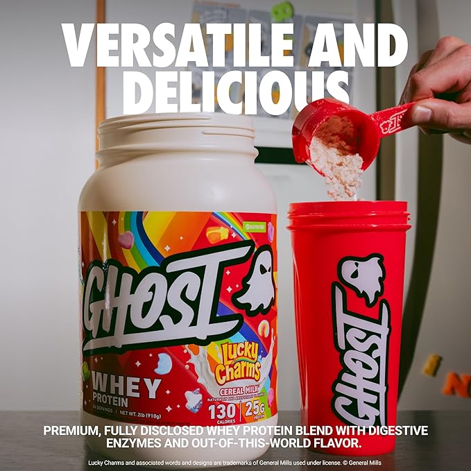 GHOST Whey Protein Powder, Lucky Charms Cereal Milk - 2LB, 25G of Protein - Whey Protein Isolate & Concentrate Blend - Post Workout Fitness & Nutrition Shakes, Smoothies & Baking - Soy & Gluten-Free