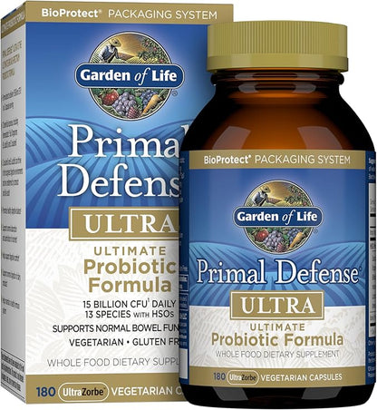 Garden of Life Probiotics for Digestive Health and Gut Health Balance, Primal Defense Ultra Ultimate Formula, 15 Billion CFU and 13 Strains Plus HSOs, Vegetarian and Gluten Free, 180 Capsules