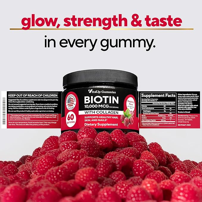 Biotin Gummies 10000mcg for Women and Men - Extra Strength Hair, Skin and Nails Gummies with Collagen - Natural Biotin Gummy Supplement for Hair, Skin, Nails Support - 60 ct