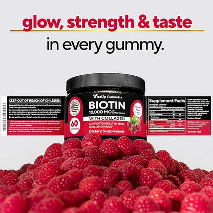 Biotin Gummies 10000mcg for Women and Men - Extra Strength Hair, Skin and Nails Gummies with Collagen - Natural Biotin Gummy Supplement for Hair, Skin, Nails Support - 60 ct