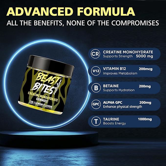 Creatine Monohydrate Gummies 5000mg (135 Count)-Lemon Flavor.