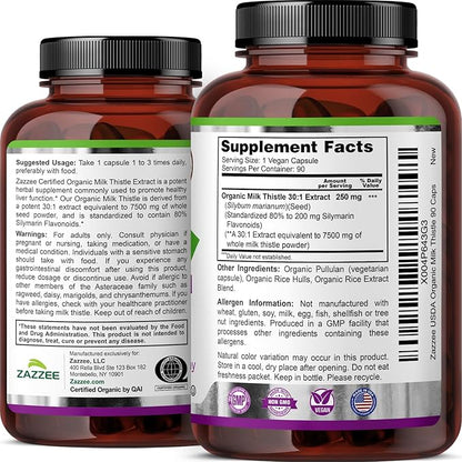 Zazzee USDA Organic Milk Thistle 30:1 Extract, 80% Silymarin, 90 Vegan Capsules, 3 Month Supply, Certified Kosher, High Potency Liver & Antioxidant Support, Silybum Marianum, Non-GMO, Made in the USA