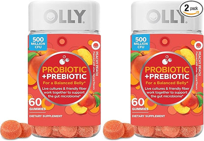 OLLY Probiotic + Prebiotic Gummy,Digestive Support and Gut Health,500 Million CFUs,Fiber,Adult Chewable Supplement for Men and Women,Peach,60 Day Supply -,60 Count (Pack of 2)