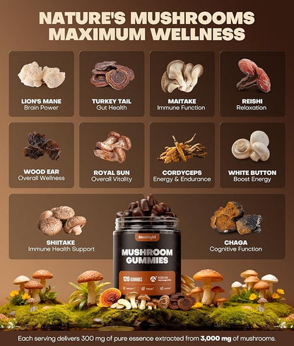 10-In-1 Mushroom Gummies with KSM-66 Ashwagandha & Magnesium Threonate Boosts Focus, Memory & Cognitive, 120 Ct Mushroom Supplement with Vitamin D3 & B12 for Immunity & Energy, Vegan, Blueberry Flavor