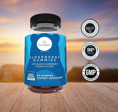 Sunergetic Premium Black Elderberry Gummies – Black Elderberry with Vitamin C & Zinc – Helps Support Immune System – Great Tasting Sambucus Elderberry Gummies – Raspberry Flavored – 90 Gummies