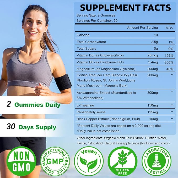 Cortisol Gummies - Cortisol Supplements for Women & Men with Ashwagandha, Magnesium, L-theanine for Cortisol Balance, Support Relaxation, Energy, Zzz, Pineapple Flavor, 60Ct