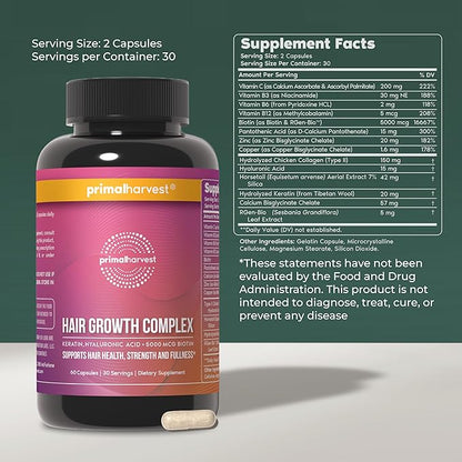 Primal Harvest Hair Growth Vitamins, 2 Pack - 120 Pills, Natural Hair Regrowth, Thickening, and Supplement for Men & Women with Biotin & Zinc