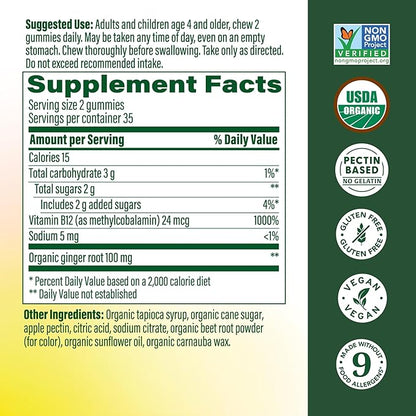 MegaFood Vitamin B12 Energy Gummies - Vegan - With Methyl B12 Vitamins to Support Cellular Energy Production - Ginger - Daily Vitamin B12 Supplement - USDA Organic - 70 Gummies, 35 Servings