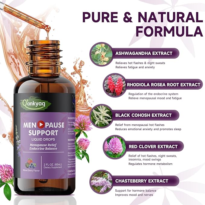Q'ankyaq Menopause Support Liquid Drops with Ashwagandha, Red Clover, Black Cohosh, Chasteberry - Hot Flashes, Hormone Balance, Mood & Energy, Metabolism, 2 Fl Oz