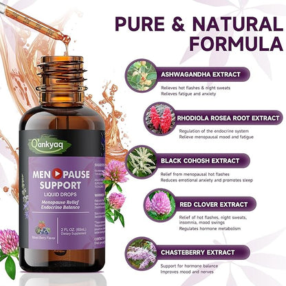 Q'ankyaq Menopause Support Liquid Drops with Ashwagandha, Red Clover, Black Cohosh, Chasteberry - Hot Flashes, Hormone Balance, Mood & Energy, Metabolism, 2 Fl Oz