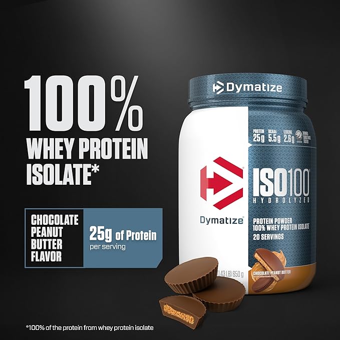 Dymatize ISO100 Whey Protein Powder Isolate, Chocolate Peanut Butter, 25g of Protein, 20 Servings, 5.5g BCAAs, Less Than 120 Cal., Gluten Free, 1g Fat, 1g Sugar, 2g Carb