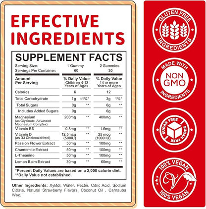 Magnesium Gummies for Kids - Magnesium Glycinate Gummies Supplement with L-Theanine, Vitamin B6, D3 for Kids & Adults Sleep, Calm, Relaxation, Brain, Bones, Sugar Free Strawberry 60ct
