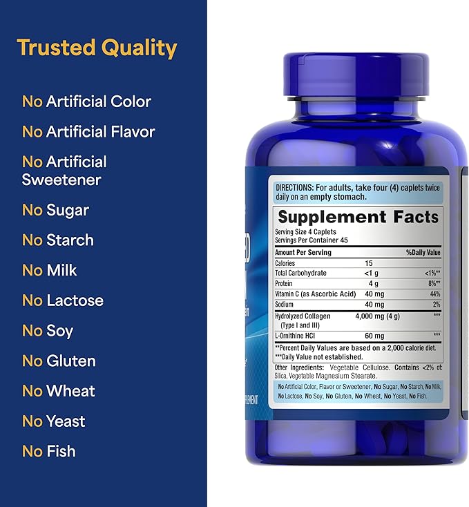 Puritan's Pride Hydrolyzed Collagen Pro-Structural Protein for Men and Women 1000mg, Dietary Supplement for Skin, Bones and Joints, 180 Caplets