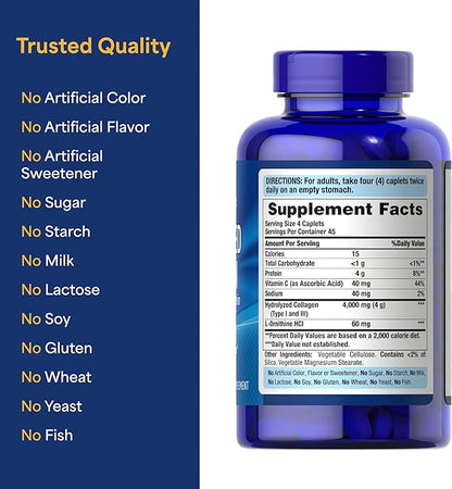 Puritan's Pride Hydrolyzed Collagen Pro-Structural Protein for Men and Women 1000mg, Dietary Supplement for Skin, Bones and Joints, 180 Caplets