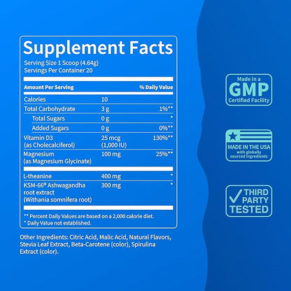 Nello Supercalm Powdered Drink Mix Tub, Cortisol Reducer* and Sleep Aid Supplement, L Theanine, Ksm-66 Ashwagandha, Magnesium Glycinate, Vitamin D 3, No Sugar, Non GMO, 30 Ct, Cucumber Lime