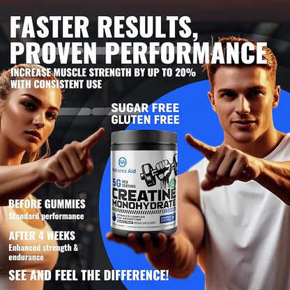 Natures Aid Creatine Monohydrate Gummies (5g) – Pre-Workout Energy & Muscle Growth Support for Men & Women | Blueberry Electrolyte Gummies (135 Count)