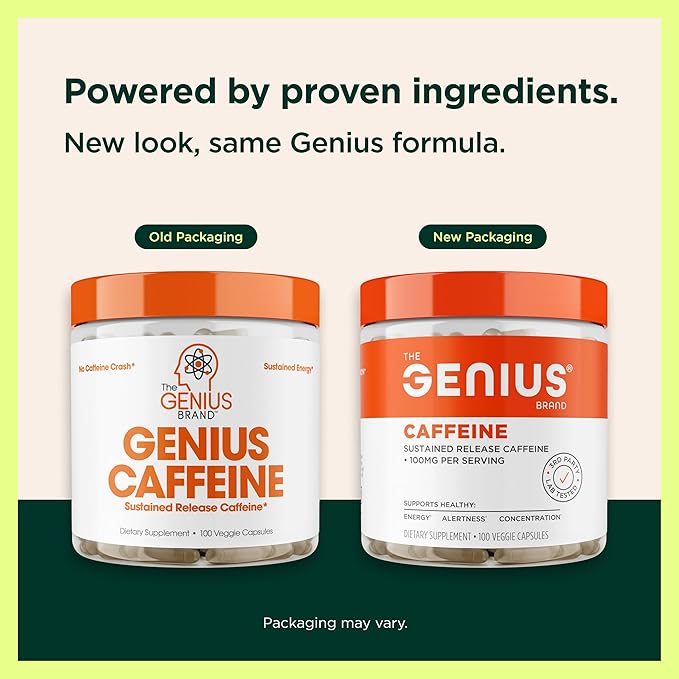 Genius Caffeine - Sustained-Release Microencapsulated Caffeine Pills for Smooth, Long-Lasting Energy & Focus - No Jitters or Crash - 100mg per Capsule - 100 Servings - Natural Performance Booster