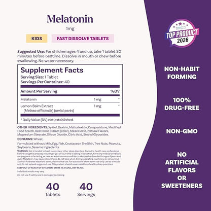 Natrol Kids Fast Dissolve Melatonin 1 mg, Dietary Supplement for Restful Sleep, Sleep Tablets for Kids, 40 Strawberry-Flavored Melatonin Tablets, 40 Day Supply