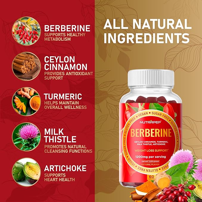 Premium Berberine HCl Weight Loss Support Gummies - 1200 mg Berberine HCl with Ceylon Cinnamon Turmeric Milk Thistle Artichoke for Metabolism Appetite Support - Sugar Free Gluten Free