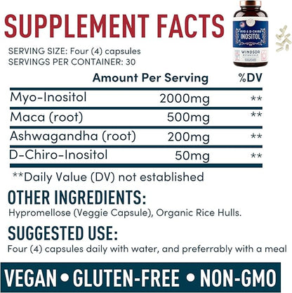 Myo-Inositol & D-Chiro Inositol 40:1 Ratio 2,000 mg - PCOS Supplements with Maca Root & Ashwagandha - Ovarian Health Support Vitamins - Hormone & Fertility Supplements for Women - 120 Vegan Caps