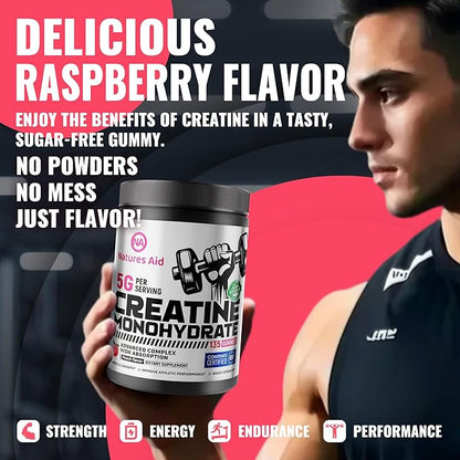 Natures Aid NSF Certified Creatine Gummy 5g - Creatine Monohydrate Gummies – Pre-Workout Energy & Muscle Growth Support for Men & Women | Peach Electrolyte Gummies (135 Count)