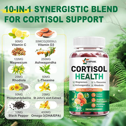 Cortisol Supplements for Women and Men Softgels, Cortisol Manager 10-in-1 with Magnesium Ashwagandha Rhodiola L-Theanine Balanced Cortisol Levels for Relaxation Focus Cognitive Night Support 180 Count
