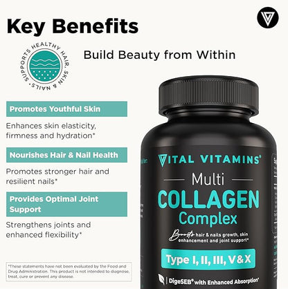 Vital Vitamins Multi Collagen Capsules (2-Pack) - Type I, II, III, V, X - Grass-Fed, Collagen Peptides Supplements, Non-GMO - for Men & Women