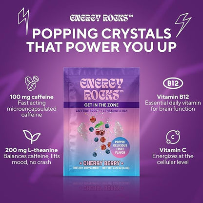 Caffeine Candy – Popping Energy Candy Crystals,100mg Caffeine L-Theanine & B12, – Fast Energy, No Drink Needed – Coffee Alternative 15-Pack (Cherry Berry)