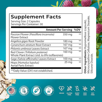 PUREHEALTH Research MenoHarmony - Herbal Menopause Supplement for Women - Female Hormone Balance for Hot Flashes & Night Sweats - with Passion Flower, Red Clover, Hops, Sage & More - 60 Capsules