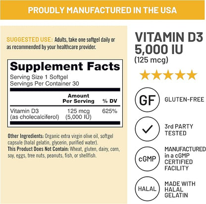 NatureWise Vitamin D3 5000iu (125 mcg) 30-Day Supply for Immune Support, Healthy Muscle Function, and Bone Health - Non-GMO, Gluten Free in Organic Extra Virgin Olive Oil, (Mini Softgel), 30 Count