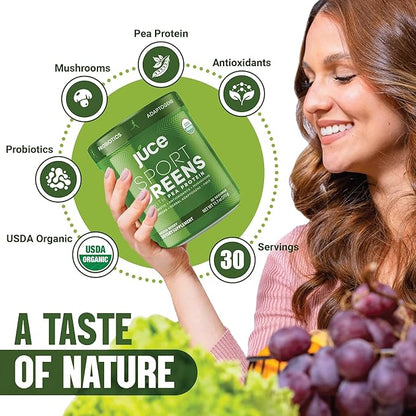 Juce SG7 Sport Greens Powder Supplement | Organic Plant Based Protein | Green Juice Powder | Probiotics | Mushrooms | Mixed Berry Flavor | 30 Servings | By Terra Kai Organics