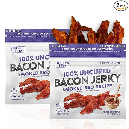 Smoked BBQ Bacon Jerky, 24g Protein Per Bag, Tender & Easy to Chew Fully Cooked Bacon, USA Made High Protein Carnivore Snacks (2 Bags)