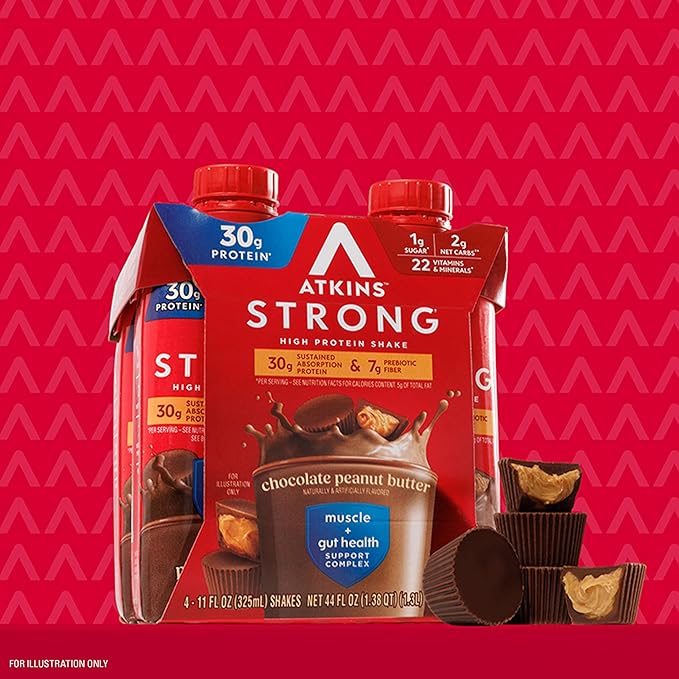 Atkins Strong High Protein Shake, Chocolate Peanut Butter Flavor, 30g Protein, GLP-1 Support, Low Carb and Low Sugar Shake, Keto Friendly, Gluten Free, Muscle and Gut Health Support, 12 Count