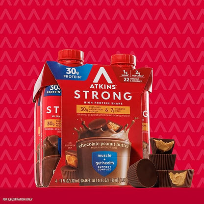 Atkins Strong High Protein Shake, Chocolate Peanut Butter Flavor, 30g Protein, Low Carb and Low Sugar Shake, Keto Friendly, Gluten Free, Muscle and Gut Health Support Complex (Pack of 24)